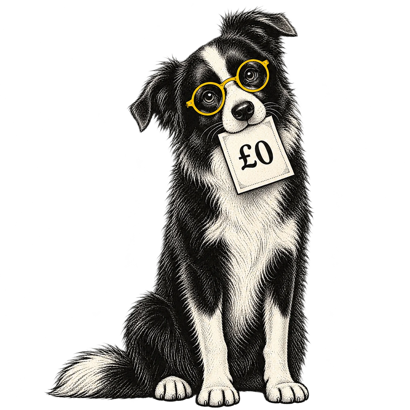 Clive the border collie in yellow glasses, holding a £0 price tag in his mouth